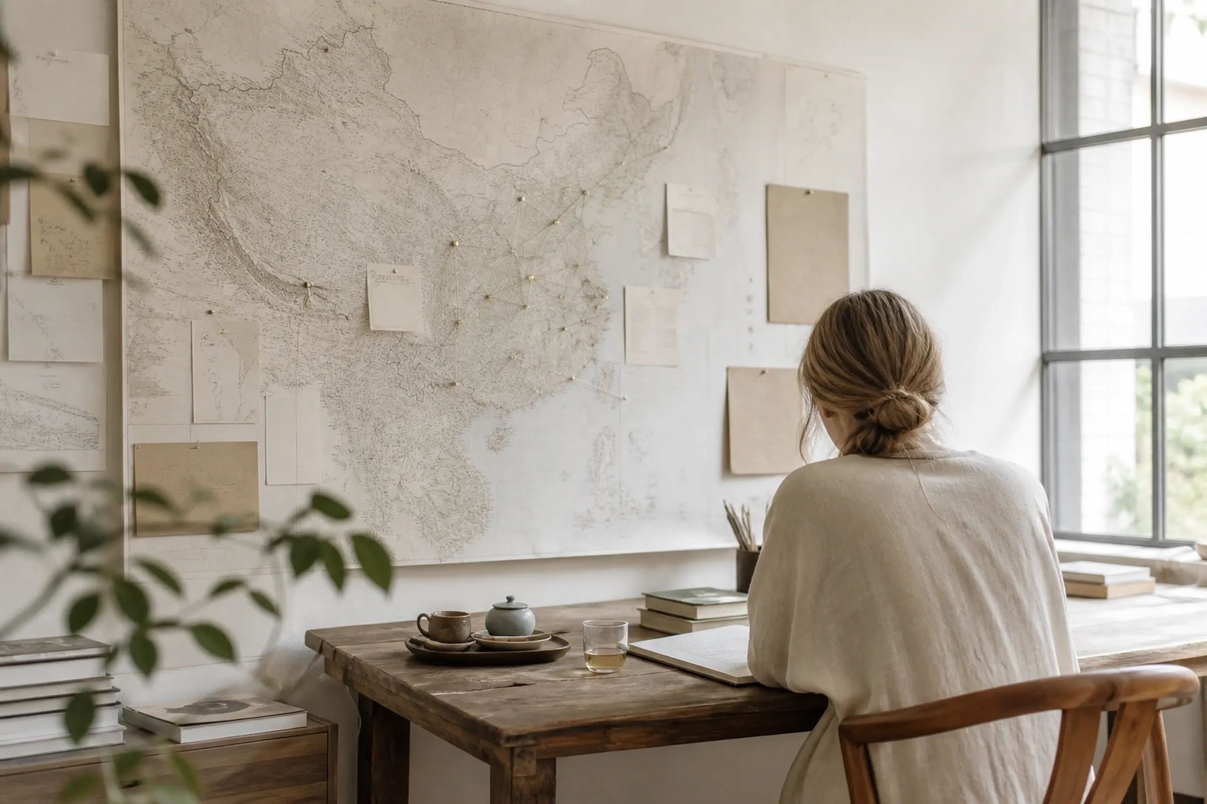 A bright planning studio: a wall map of China pinned with routes, a planner working at a wooden desk