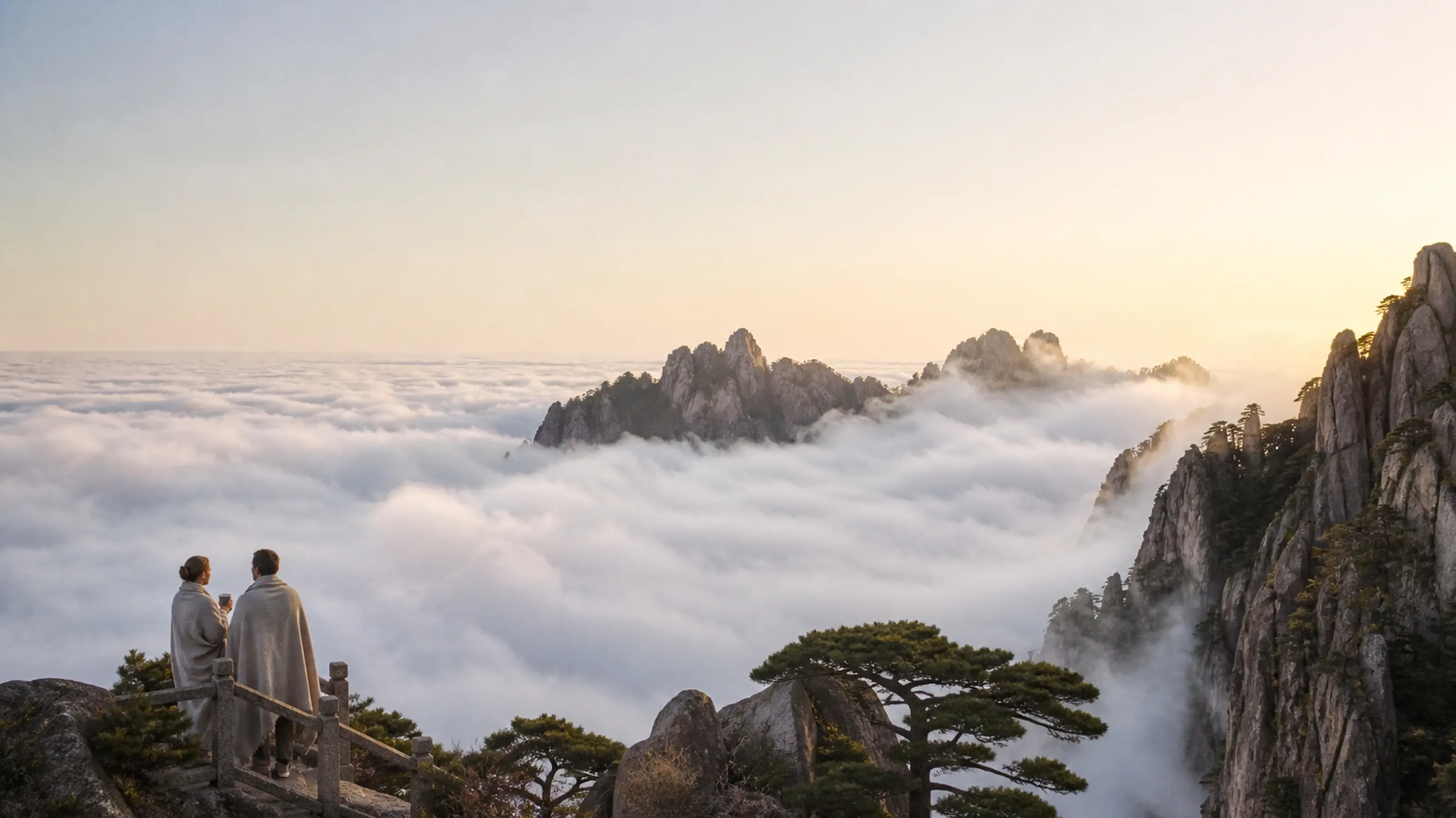 Sunrise above a sea of clouds at Huangshan, a couple with tea small on a stone terrace
