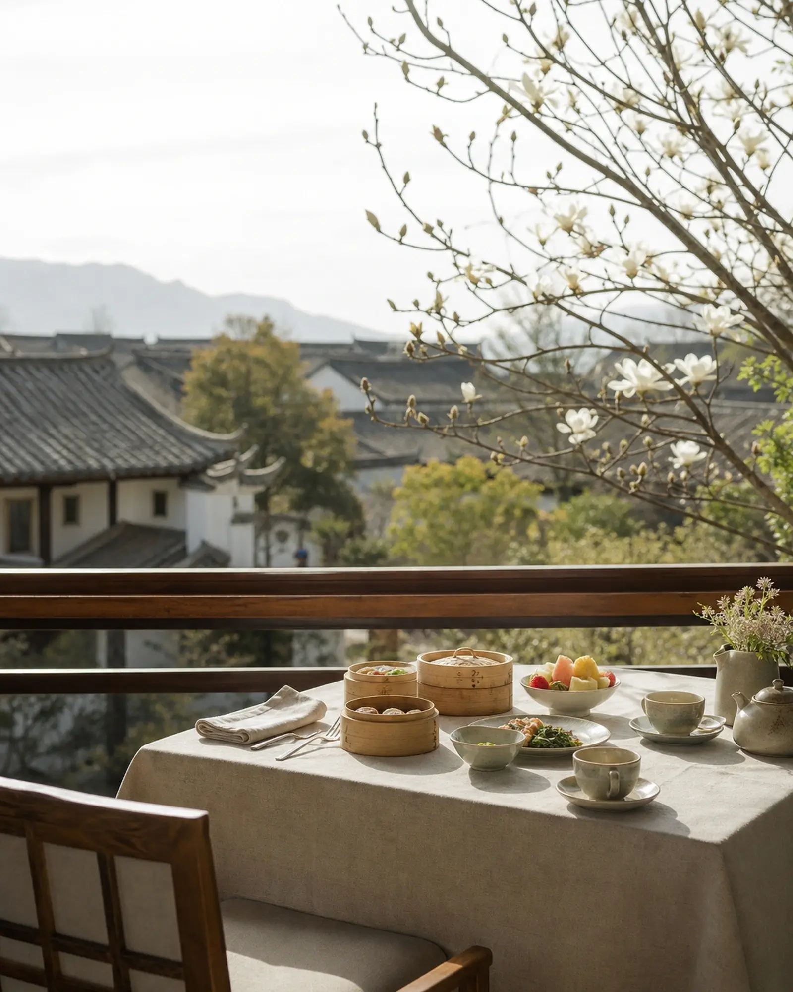 Breakfast for two on a garden balcony in Yunnan, old-town rooftops below