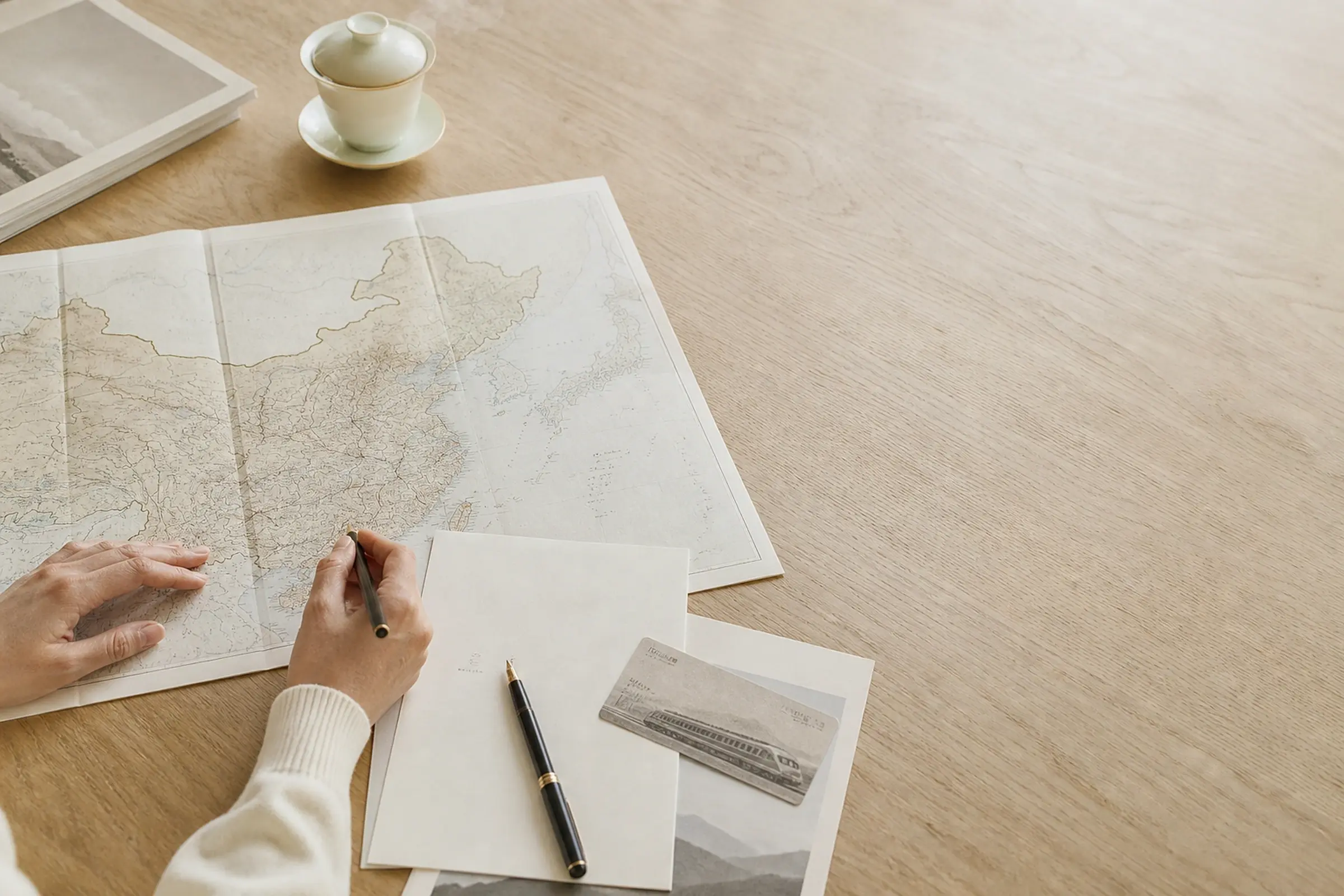 A planner’s desk: an open map of China, tea, and a route drawn in pencil