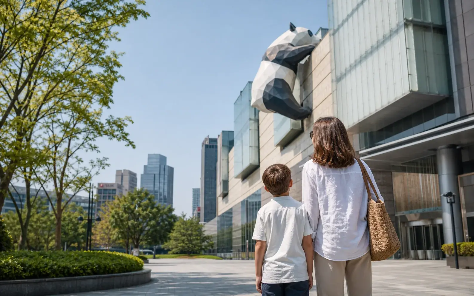 A family walking through a bright Chengdu garden lane in the morning