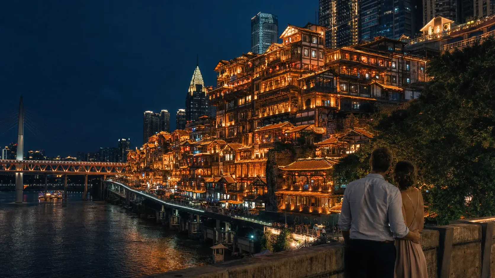 The stacked golden lights of Hongyadong rising above the Jialing River at night