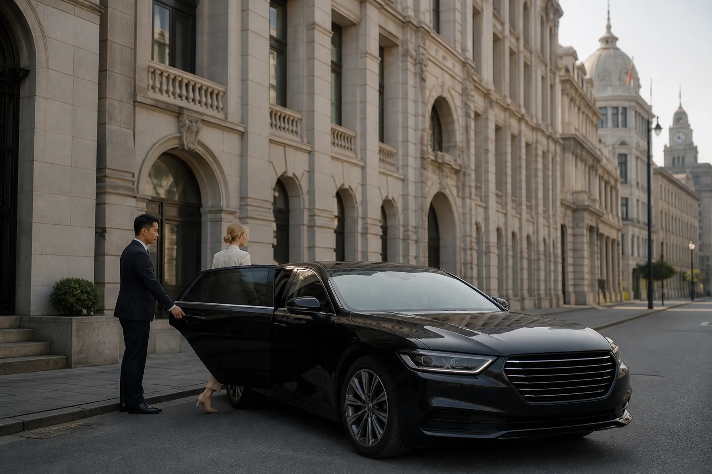 A chauffeur opening the car door outside a heritage stone building